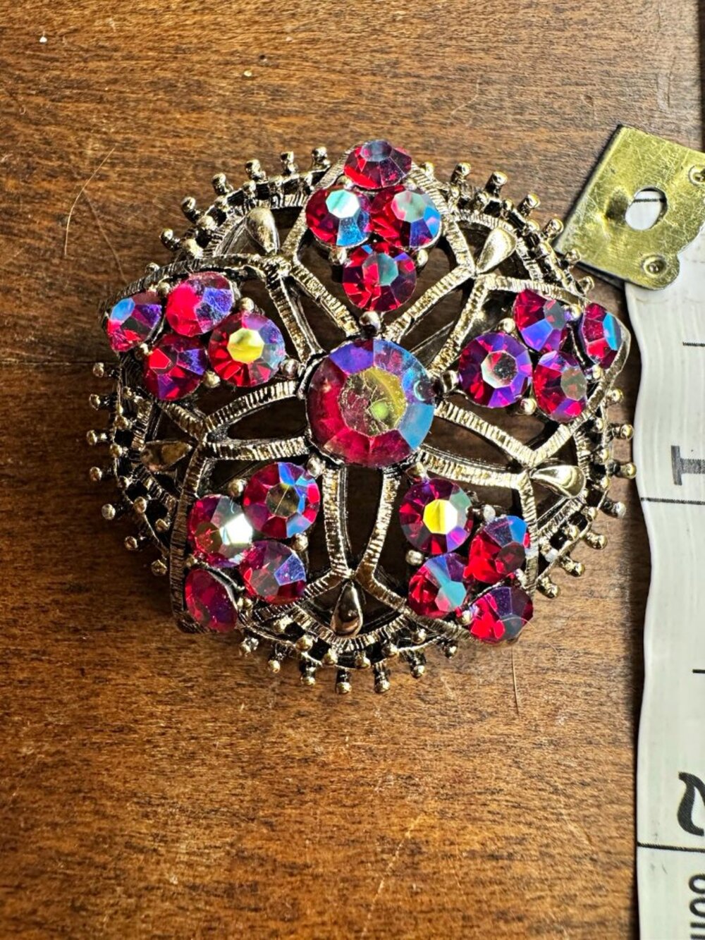 Vintage60s Sarah Coventry Fashion Splash Brooch/Pendant Red Aurora Borealis Gold
